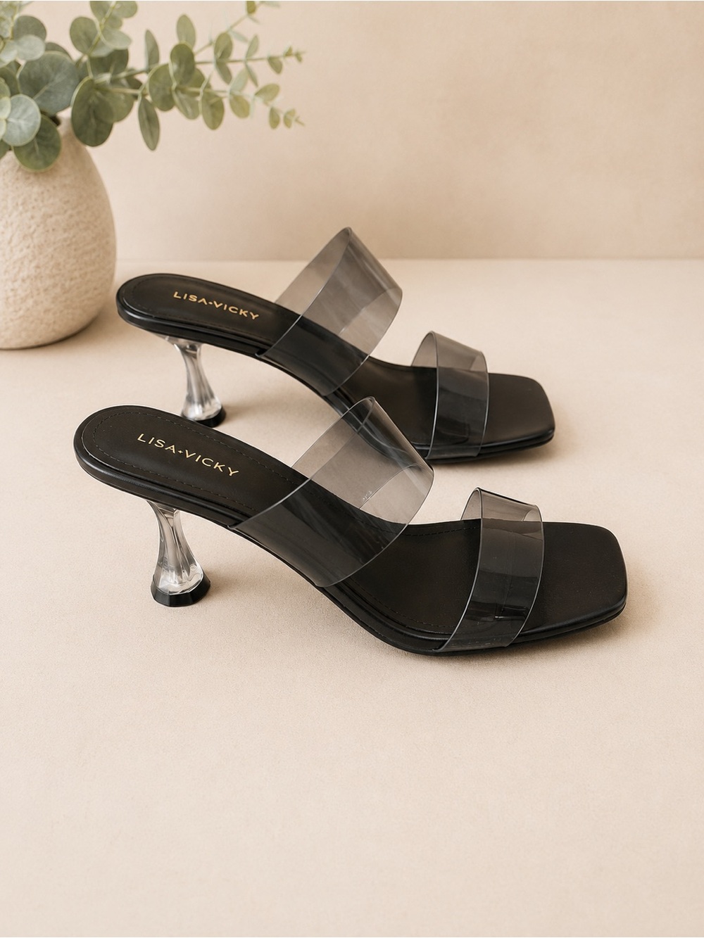 Lisa Vicky Black Mule Kitten Heel Double Vinyl Straps Slip On Sandals Sz 8